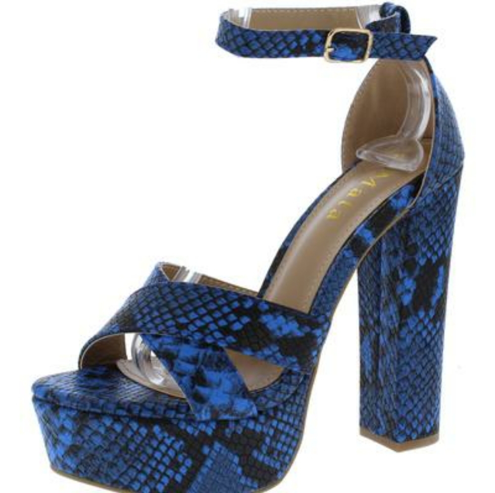 Blue Snake-Print Platform Sandal with Ankle Strap